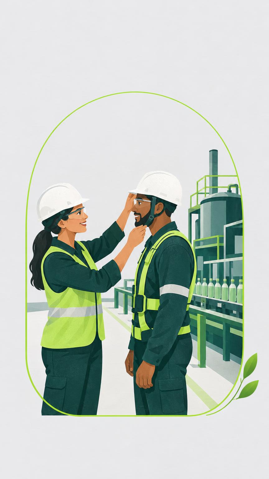 Ilustração de técnica de segurança ajustando o capacete de um colega em uma indústria